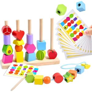 Jeux Montessori 2 3 4 Ans, Jouet Enfant 2 en 1 Pédagogique Empilable Jouet y Assortis aux Formes Jouets, Enfiler Perles - Jeux - Jouets