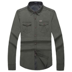 CHEMISE - CHEMISETTE chemise homme manche longue slim en coton à deux poches Vêtement Masculin,Vert