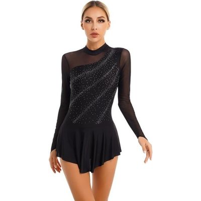 Robe de Patinage Artistique Strass Manches Longues Femme YIZYIF - Noir - Tailles S-XXL