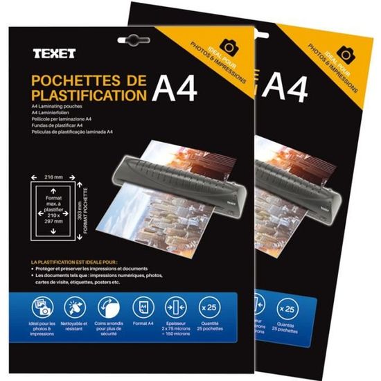 Pochettes de plastification 75 microns par face Texet Format A4 - Pack de  500 - Cdiscount Beaux-Arts et Loisirs créatifs