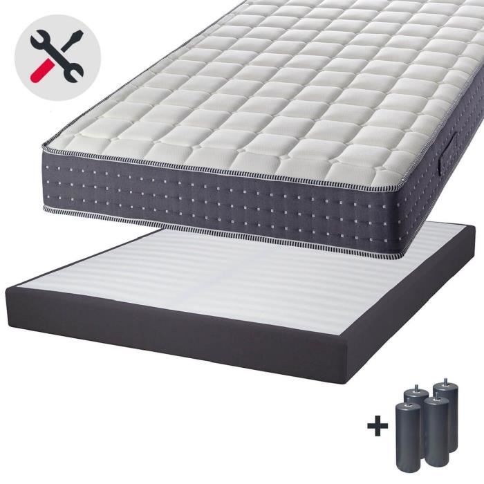 Silhouette - Pack Matelas 160x200 + Sommier Tapissier Démontable 2x20 Lattes Anthracites + Pieds Anthracites 20cm
