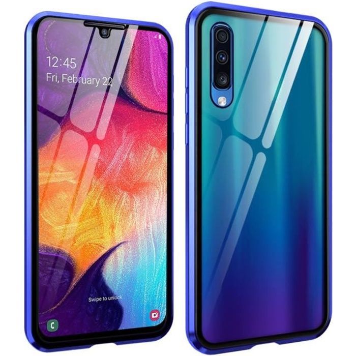 Coque Samsung Galaxy A50, Étui Adsorption Magnétique Double face Verre trempé Couverture pour Samsung Galaxy A50 -Bleu