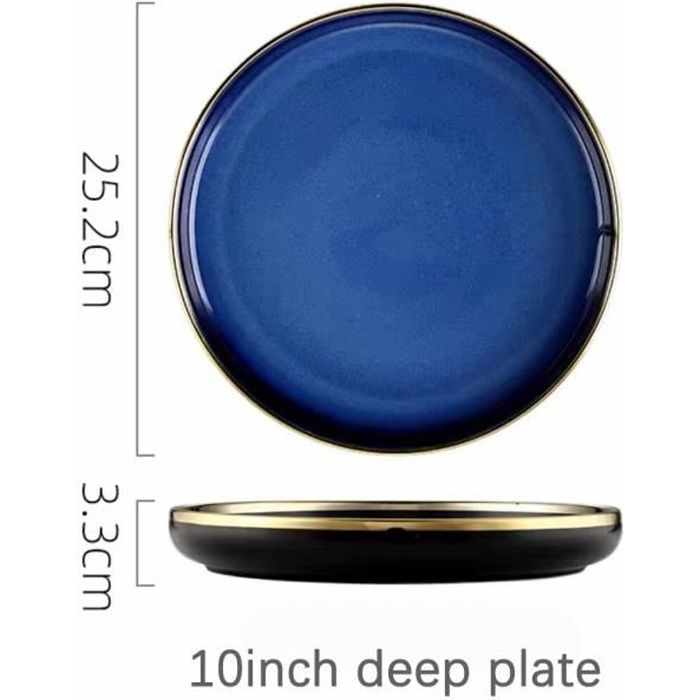 Assiette,Service de vaisselle en céramique bleue, vaisselle de luxe, bordure dorée, porcelaine - Type 10inch deep plate