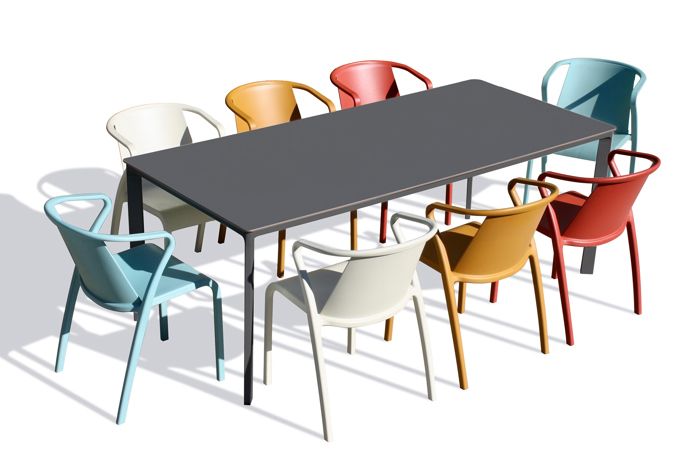 Table MEET-TB200G-GRISANTH,  2 fauteuils FADO MOUTARDE, 2 FADO SABLE,  2 FADO AQUAMARINE et 2 FADO BRICK