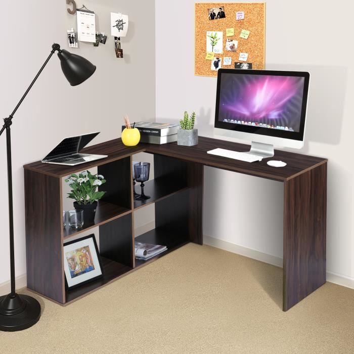 MEUBLES COSY Bureau d'angle en forme de L - Style contemporain - Avec 4 rangements - Couleur Marron foncé - L 120 x P 100 x H 75 cm