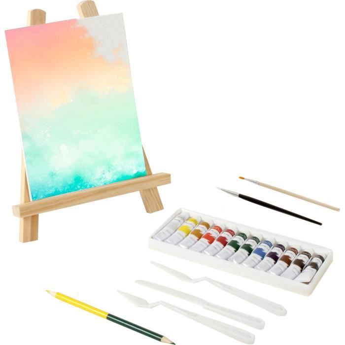 MAIN D'ARTISTE 12 tubes de peinture + chevalet 28cm + toile 15x21cm + 2 pinceaux + 1 crayon + 3 accessoires