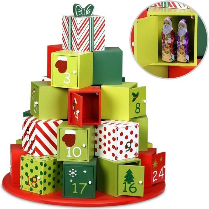 Calendrier de l'Avent XXL Rond en Bois Fait Main 24 Compartiments avec Portes Fermeture magnétique Noël décoration réutilisable