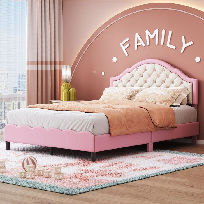 cadre de lit double - 140 x 200 cm, sans matelas, avec dossier en cuir pu, rose - hauss spole