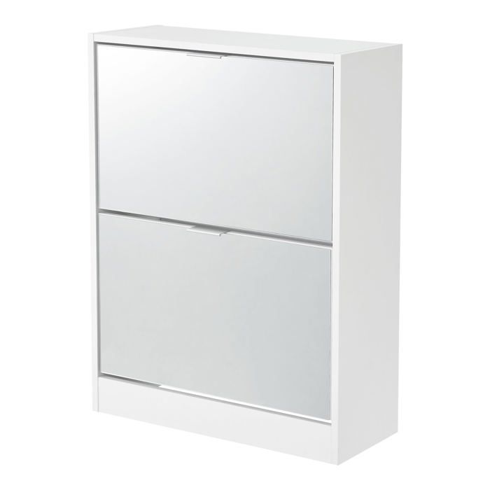 Meuble à chaussures - HELLOSHOP26 - 80 x 60 x 24 cm - 2 tiroirs inclinés - Miroirs intégrés - Blanc