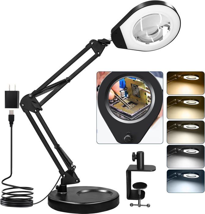 Lampe Loupe LED à Pied, Grossissement 5x, 125 Mm, Intensité Variable, 24 W, 2400 Lm