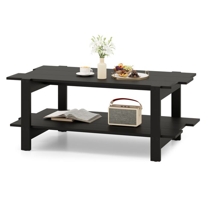 GOPLUS Table Basse à 2 Niveaux Rectangulaire avec Rangement & 4 Pieds Solides-115x59x46CM-Style Industriel Noir