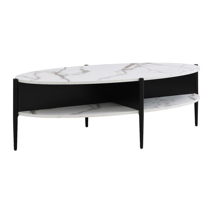 Table basse ovale avec 4 niches en MDF et métal - Effet marbre blanc et noir - EVARO