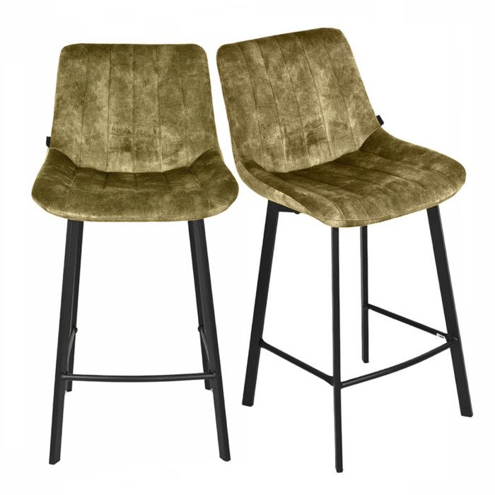 Lot 2 tabourets de bar en velours vert kaki pieds métal noir – NANY 2 Meubletmoi Lot 2 tabourets de bar en velours vert kaki pieds métal noir – NANY 2 Meubletmoi