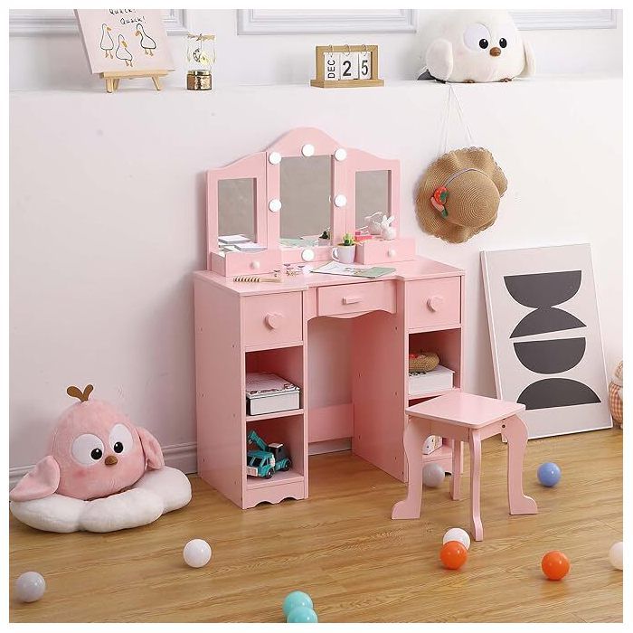 Coiffeuse - PROMIRACAL - Coiffeuse avec Miroir Triple - 99x59x29cm - 4 Étagères - Avec Tabouret - Rose