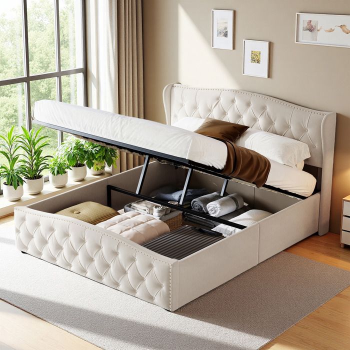 Lit double 140x200 cm - 231211SM - Velours beige - Sommier à lattes - Coffre de rangement hydraulique
