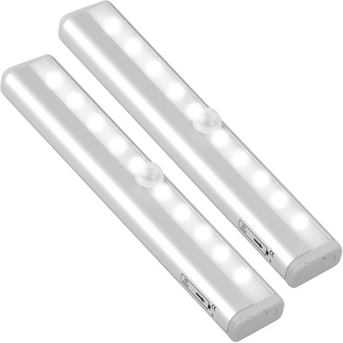 Lot de 2 lampes de placard veilleuse à 10 LED avec détecteur de mouvement à piles avec bande magnétique adhésive pour couloir