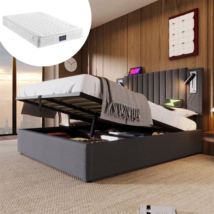 Lit coffre - 140x200 (matelas 25 cm) - Tête de lit réglable - Lampes de lecture & ports USB - Coffre de rangement