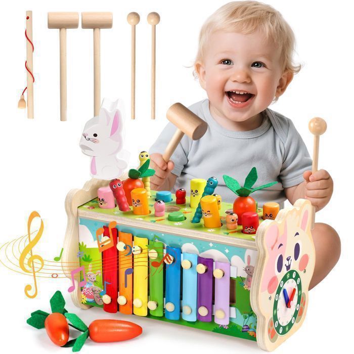 Jouet Montessori 8 En 1 En Bois Pour Bébé 1 An - Xylophone, Pêche, Marteau, Engrenages - Cadeau Éducatif 1-3 Ans