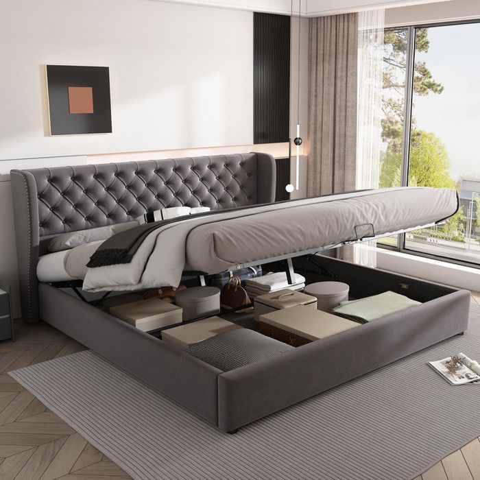 Lit double 180 x 200 cm design luxueux et moderne équipé dun système de levage hydraulique grand espace de rangement gris