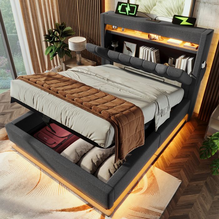 Lit 180x200 avec sommier à lattes lit coffre avec LED et USB C Cadre de lit 2 place avec hydraulique tête de lit Beige Lin