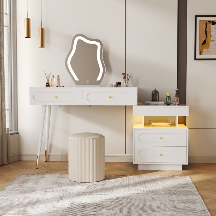 Coiffeuse avec miroir - MODERNLUXE - 140x40x130cm - LED - 4 tiroirs - Blanc(Sans tabouret) Coiffeuse avec miroir - MODERNLUXE - 140x40x130cm - LED - 4 tiroirs - Blanc(Sans tabouret)