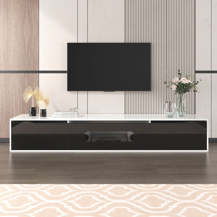 URBAN MEUBLE Meuble TV haute brillance noir et blanc avec éclairage LED à couleur changeante portes Push-to-Open