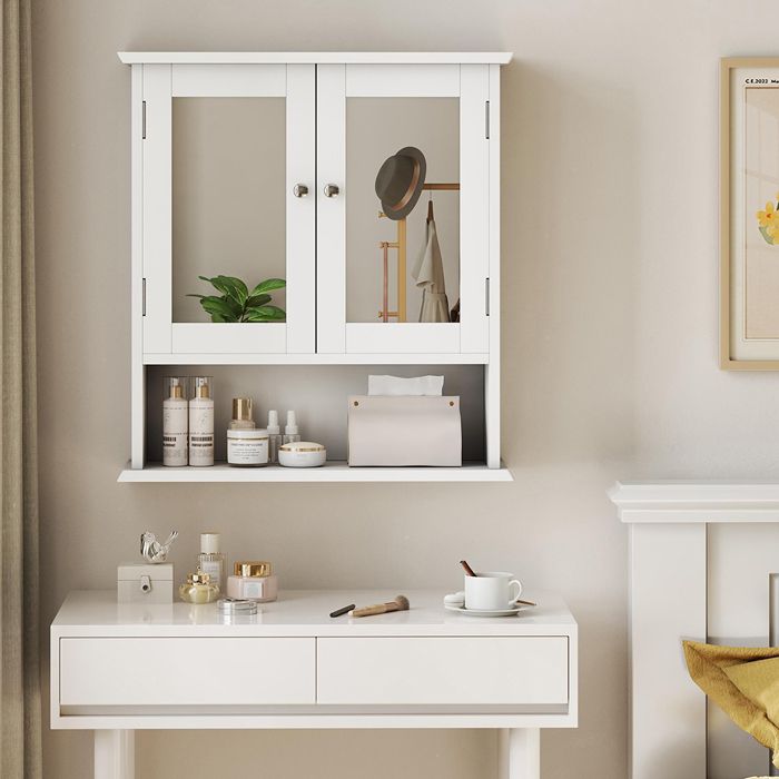 Armoire de salle de bain avec miroir et étagère réglable rangement pour buanderie ou cuisine blanc Armoire de salle de bain avec miroir et étagère réglable rangement pour buanderie ou cuisine blanc