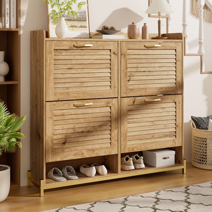 Meuble à chaussures en bois avec 4 portes à lattes et étagère de Rangement 108 5×24×100 cm Meuble à chaussures en bois avec 4 portes à lattes et étagère de Rangement 108 5×24×100 cm