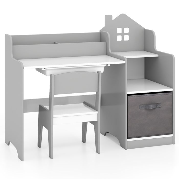GOPLUS Bureau Enfant avec Chaise-94x40x76 5CM-1 Boîte de Rangement+1 Tiroir en Tissu+Étagère+Bibliothèque Dessus-Gris
