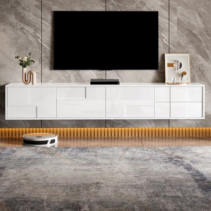 Meuble TV blanc brillant 170x30x30.5cm 3 portes 2 tiroirs sans poignée design moderne flottant/pieds grand rangement pour salon Meuble TV blanc brillant 170x30x30.5cm 3 portes 2 tiroirs sans poignée design moderne flottant/pieds grand rangement pour salon