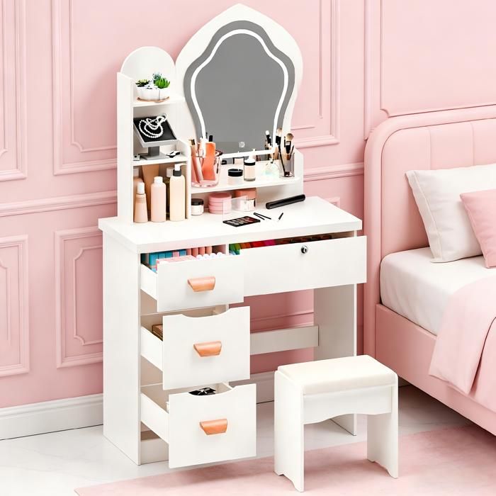 Coiffeuse - Table de Maquillage - FLASIDU - 4 Tiroirs - 3 couleurs de lumière réglables - Confortable Tabouret - 80*40*135cm - Blanc