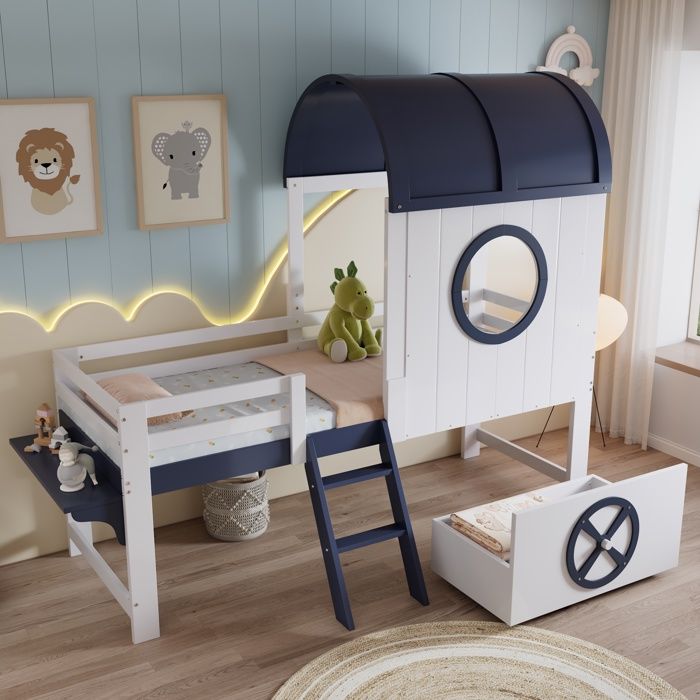 Lit Superposé 90x200cm - Lit Cabane Mi-Hauteur Enfant avec Toit Fenêtres et Tiroir à Roulettes - Style Marin Blanc et Bleu Foncé