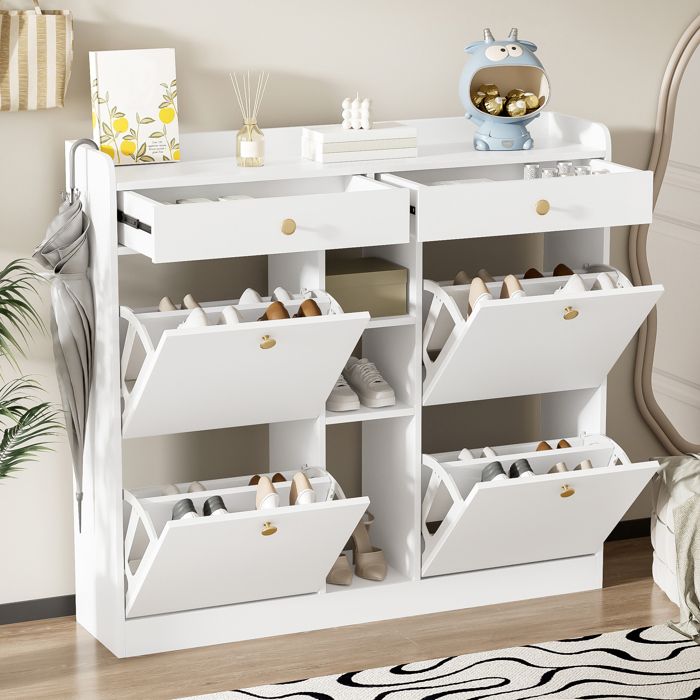 Armoire à chaussures blanche avec 4 portes battantes 2 tiroirs – pour couloir et entrée moderne 110 x 26 x 100 cm