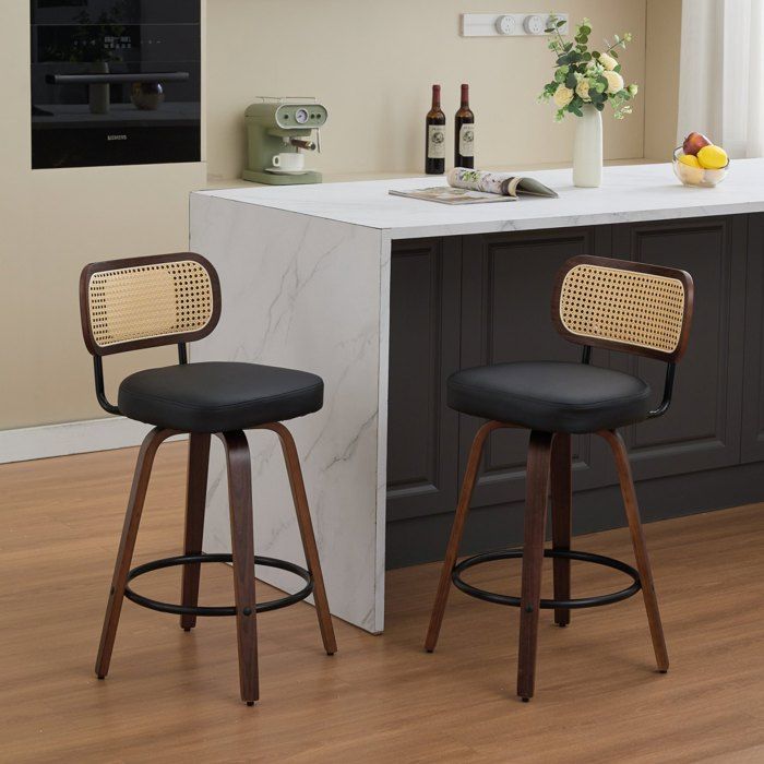 Ensemble de 2 tabourets de bar hauteur comptoir - lot de 2 chaises en rotin - 56x43x90 cm - tabourets pivotants pour îlot - noir