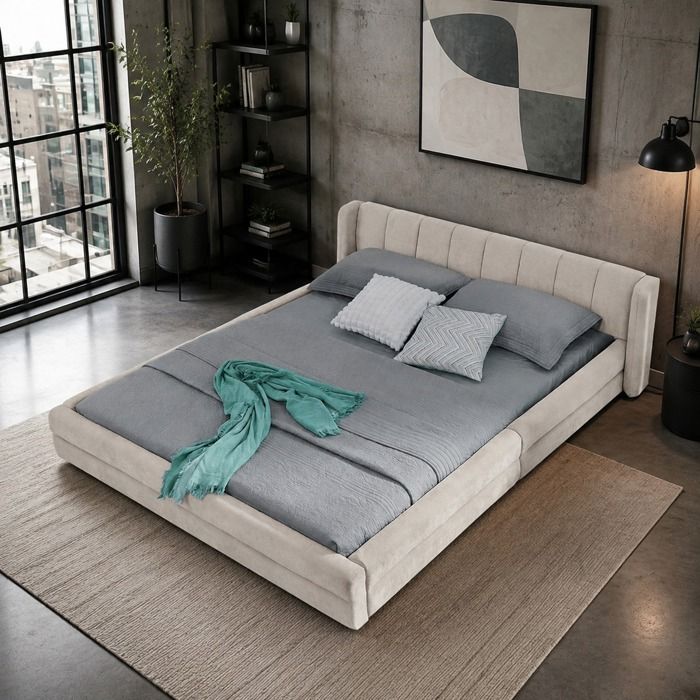 Maisentiel Cadre de lit double 140 x 200 cm beige en chenille tête de lit rembourrée sommier à lattes
