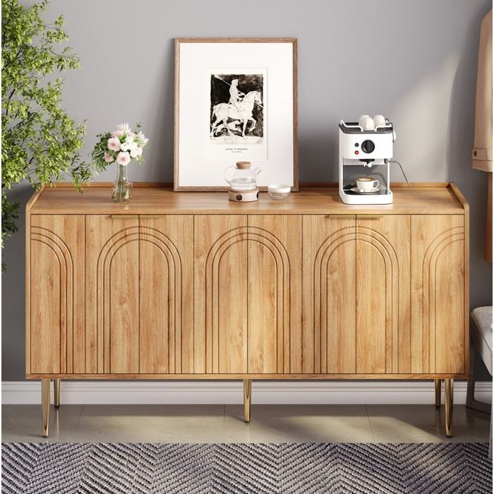 MEUBLIV Buffet moderne avec 4 portes courbées et pieds en fer doré 140×38×75cm couleur naturelle