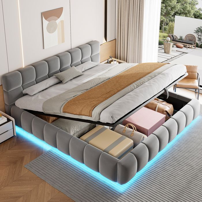 Lit coffre capitonné 180x200 cm - MODERNLUXE - Éclairage LED - Tissu velours -Gris (sans matelas) Lit coffre capitonné 180x200 cm - MODERNLUXE - Éclairage LED - Tissu velours -Gris (sans matelas)