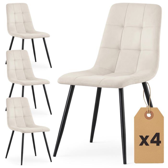 Lot de 4 Chaises en velours matelassées NERO Beige pieds noirs