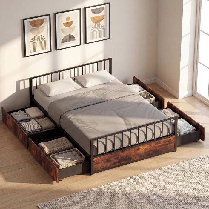 Lit Double 140 x 200 CM COSTWAY avec Tête et Pied de Lit 4 Tiroirs Lattes en Métal sans Sommier Structure de Lit Charge 300 kg