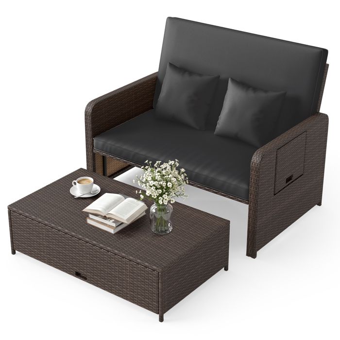 Salon de Jardin en Rotin PE COSTWAY Ottoman de Rangement Dossier Réglable à 4 Niveaux Tables Latérales Pliantes Coussins Noir Salon de Jardin en Rotin PE COSTWAY Ottoman de Rangement Dossier Réglable à 4 Niveaux Tables Latérales Pliantes Coussins Noir