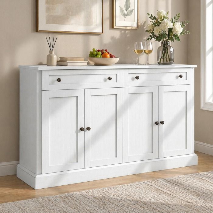 Buffet bas 4 portes 2 tiroirs avec étagères réglables - ELVMI - en panneaux de particules blanc antique 150 × 40 × 86 cm