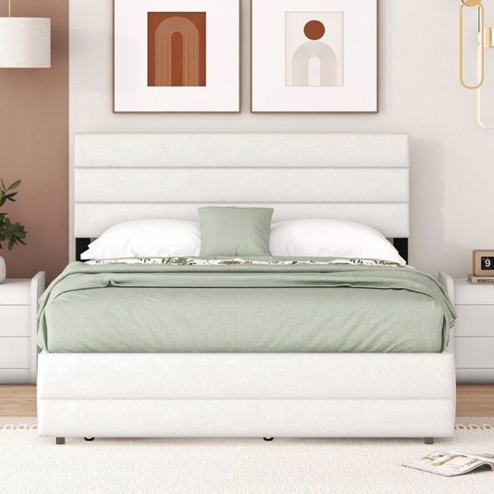 Lit double à plate-forme 140 X 200 cm avec tête de lit Deux tiroirs Beige pour 2 personnes - sans matelas