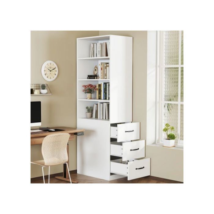 Vitrine étroite noire 180 cm avec étagères réglables tiroirs latéraux meuble haut design pour bureau et salon BIBLIOTHEQUE