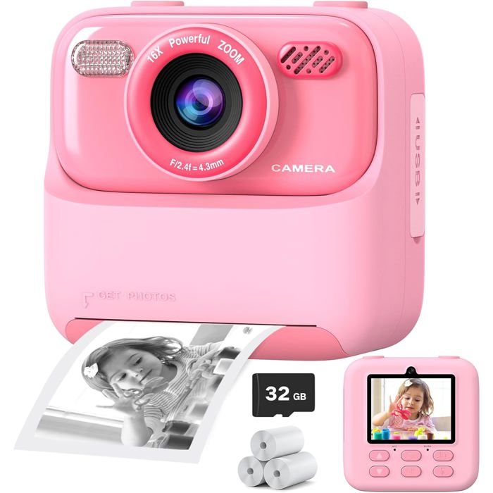 Appareil Photo Instantané Enfant UIONVO – HD 1080p, Impression Thermique, Carte 32 Go, 5 Rouleaux – Cadeau 3-12 Ans