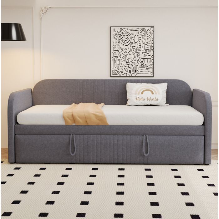 Canapé-lit convertible extensible en tissu lin respirant gris avec sommier à lattes