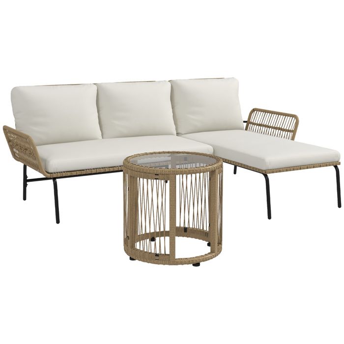 Salon de jardin extérieur dangle - Outsunny - 3 places - en résine tressée - canapés chaise longue table basse coussins - crème