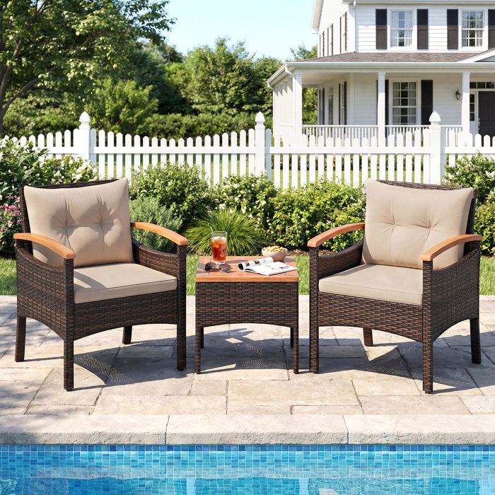 Ensemble 3 PCS Table et Chaises de Jardin COSTWAY en Rotin PE Plateau en Bois dAcacia Coussins Amovibles Beige Pieds Réglables