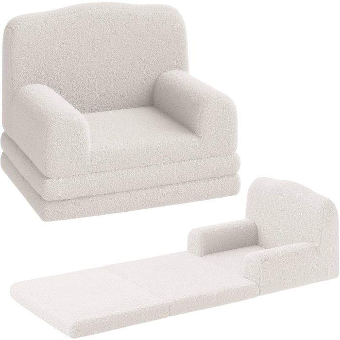 Canapé de la couronne 2-en-1 évolutif pour enfant Fauteuil et méridien dépliable Tissu polaire ultra-doux mousse Blanc