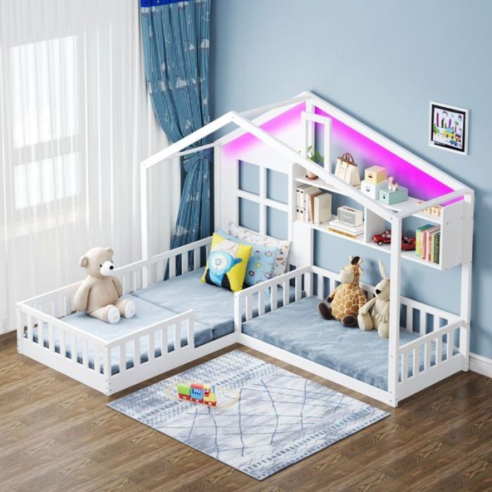 Lit Enfant Cabane 90x200/140x70cm avec LED Bois Massif Étagères Barrières de Sécurité Design Maison Idéal pour bla LIT EVOLUTIF