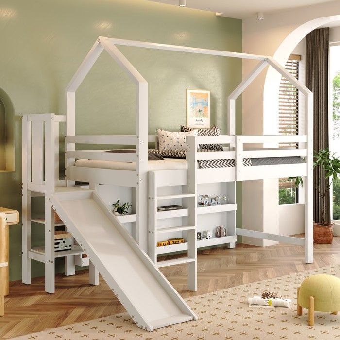 Lit enfant multifonction - N634P371588W - 90x200 cm - Toboggan et rangements - Blanc